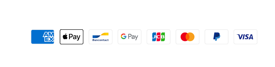 American Express, Apple Pay, Bancontact, Google Pay, JCB, Mastercard, PayPal, Visa